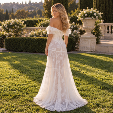Romantic Off Shoulder Lace Corset Tiered Tulle Wedding Gown With Bow Detail, WD0398
