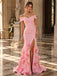 Luxury Pink Off Shoulder 3D Floral Satin Mermaid Slit Prom Dress,PDS118810