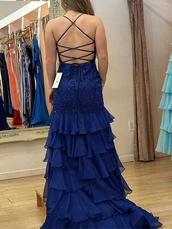 Sparkly Royal Blue Halter Ruffles Side Slit Sleeveless Mermaid Long Prom Party Dress,PDS11774