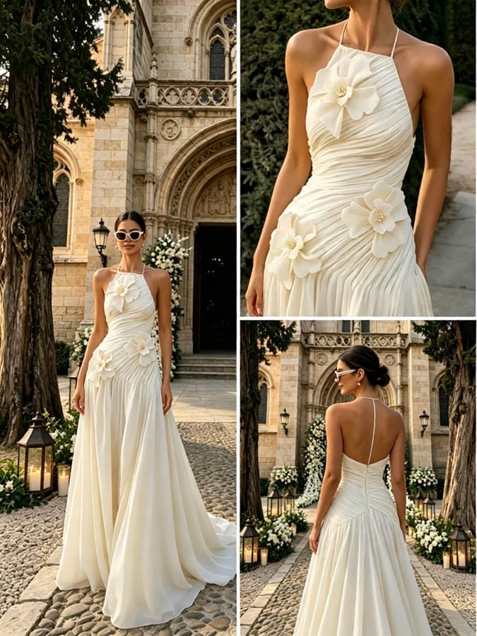 Stunning Halter Pleats Sleeveless Chiffon A-Line Floor Length Wedding Dresses, WD0380