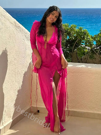 Sexy Ruffle Long Sleeves Side Slit Sheath Floor Length Prom Dress,PDS11621