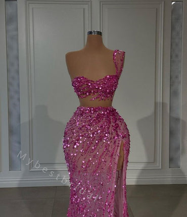 Sexy One shoulder Side slit Two pieces Mermaid Long Floor Length Prom Dress,PDS11464