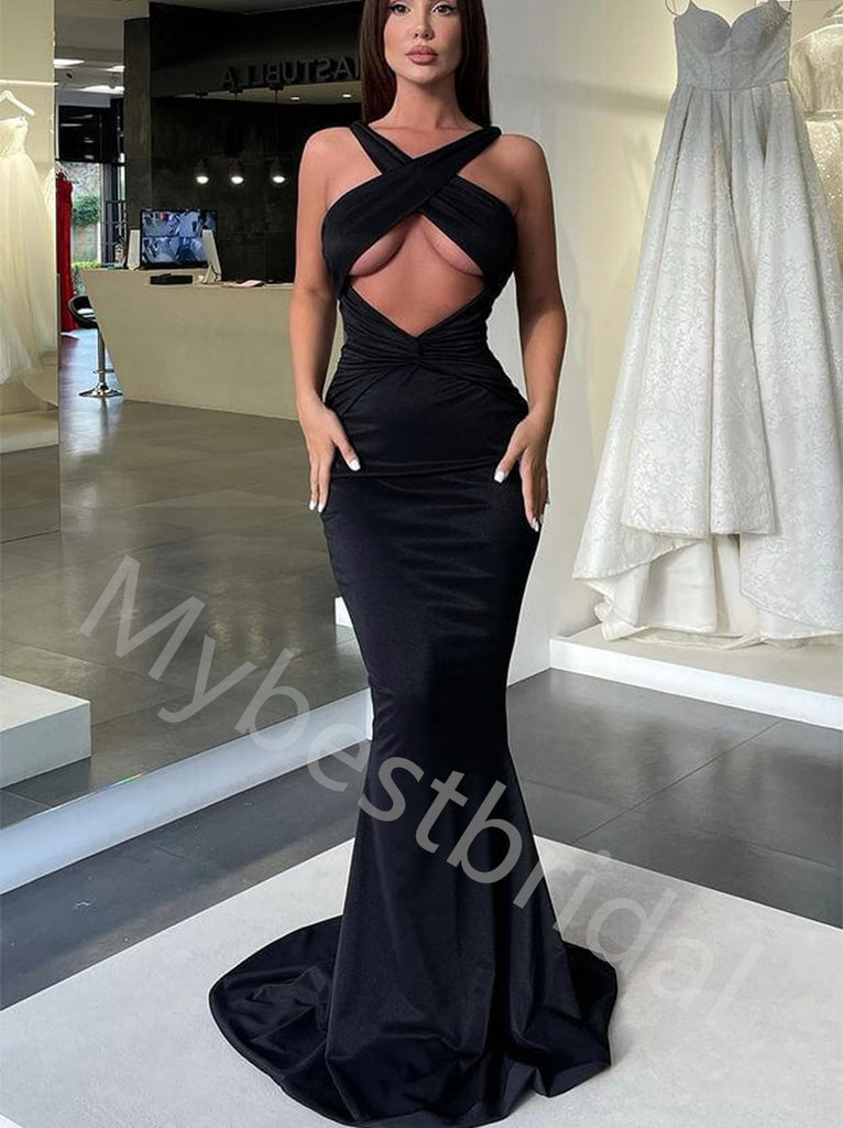 Black Sexy Sleeveless Strapless Mermaid Long Prom Dress,PDS1085