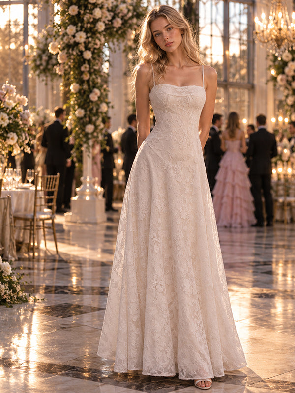 Elegant Spaghetti Strap Floral Lace A-Line Long Wedding Guest Dress,PDS118639