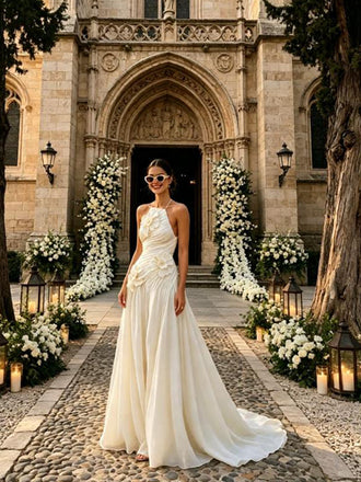 Stunning Halter Pleats Sleeveless Chiffon A-Line Floor Length Wedding Dresses, WD0380