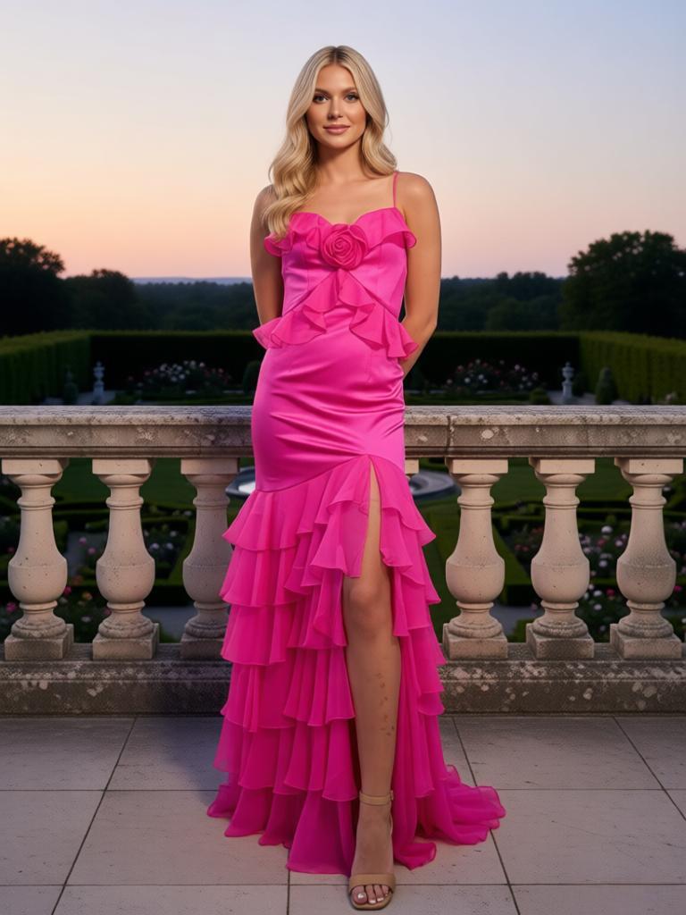 Stunning Sweetheart Satin Ruffles Side Slit Mermaid Sleeveless Long Prom Party Dress,PDS118484