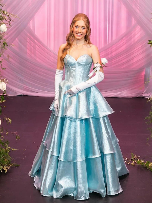 Sparkly Light Blue V-Neck Sleeveless Ruffles A-Line Long Prom Party Dr –  mybestbridal
