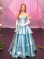 Sparkly Light Blue V-Neck Sleeveless Ruffles A-Line Long Prom Party Dress,PDS11805