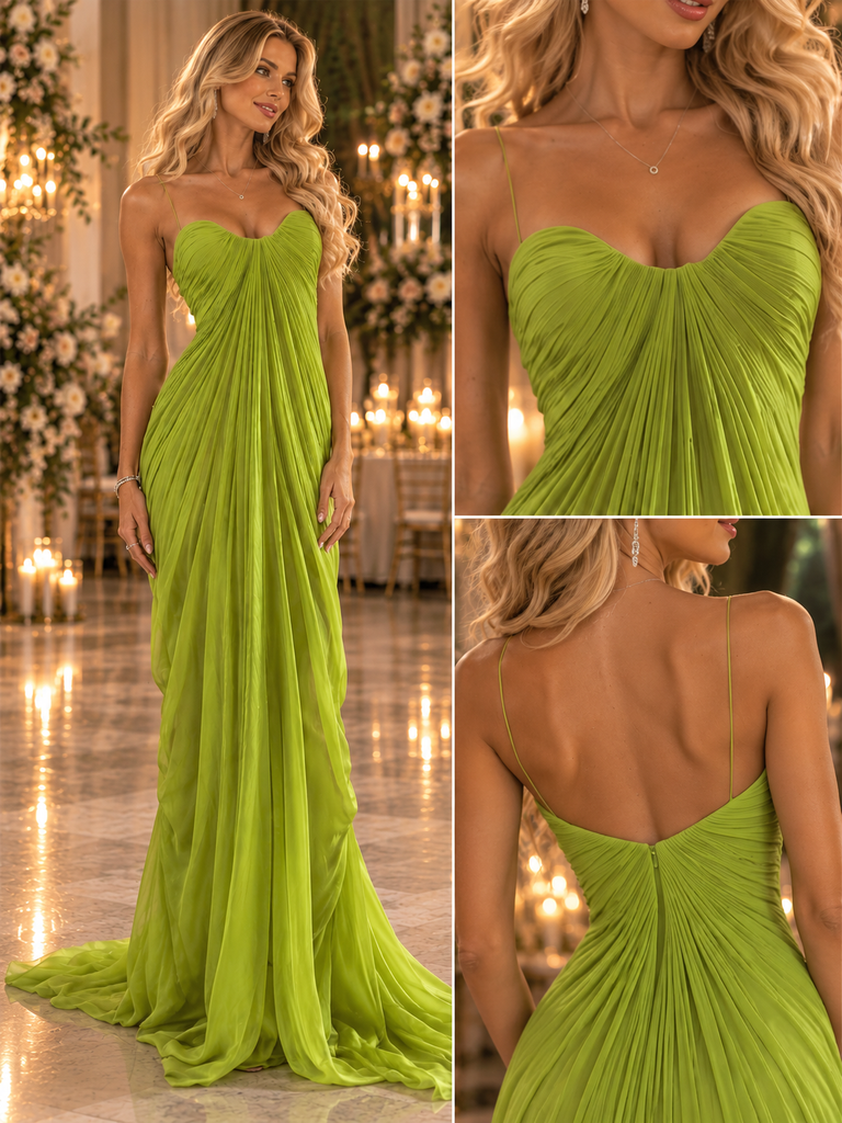 Lime Green Flowy Chiffon Spaghetti Strap Ruched Long Evening Dress,PDS118566