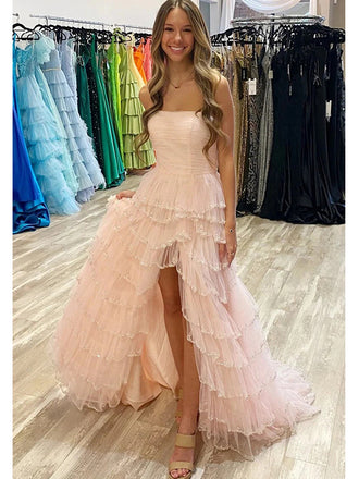 Pretty Strapless High Low Sleeveless Side Slit A-Line Long Prom Party Dress,PDS11813