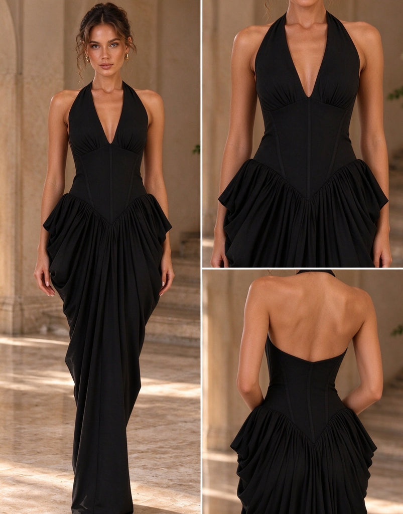 Chic Black Satin Halter V-Neck Corset Draped Long Evening Party Dress,PDS118808