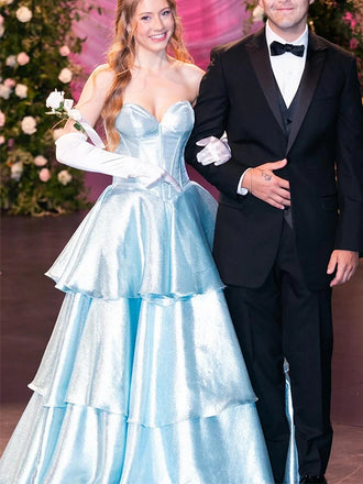 Sparkly Light Blue V-Neck Sleeveless Ruffles A-Line Long Prom Party Dress,PDS11805