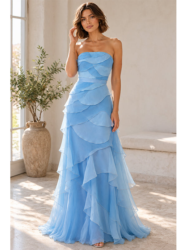 Airy Chiffon Strapless Cascading Ruffle Long Evening Dress,PDS118667