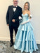 Sparkly Light Blue V-Neck Sleeveless Ruffles A-Line Long Prom Party Dress,PDS11805
