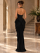 Chic Black Satin Halter V-Neck Corset Draped Long Evening Party Dress,PDS118808