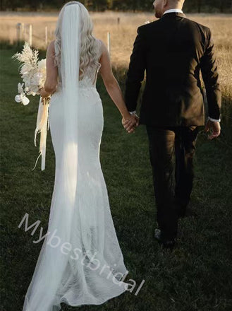 Sexy V-neck Sleeveless Mermaid Floor Length Wedding Dresses, WDY0359