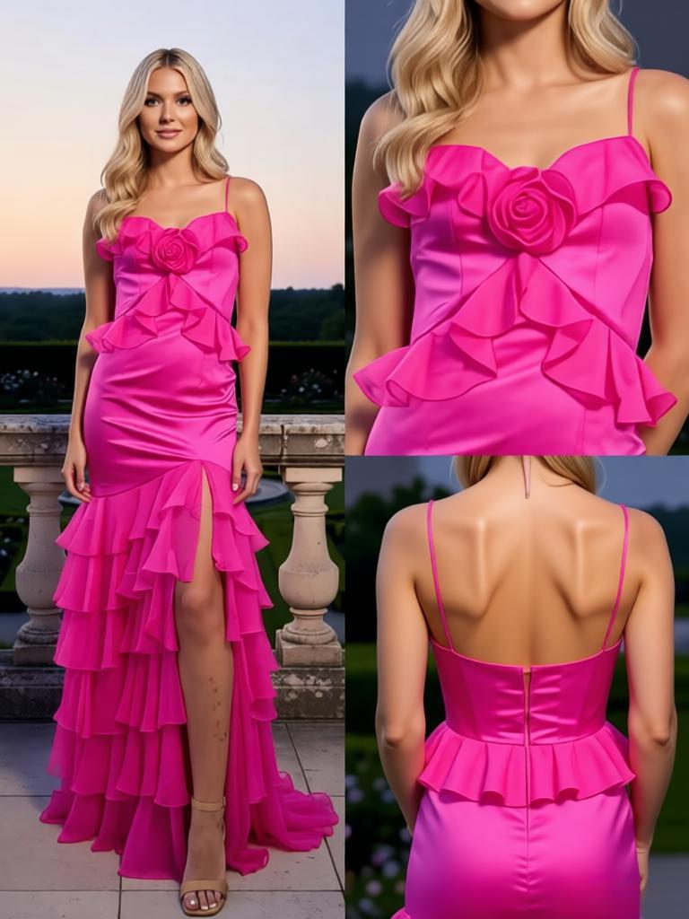 Stunning Sweetheart Satin Ruffles Side Slit Mermaid Sleeveless Long Prom Party Dress,PDS118484