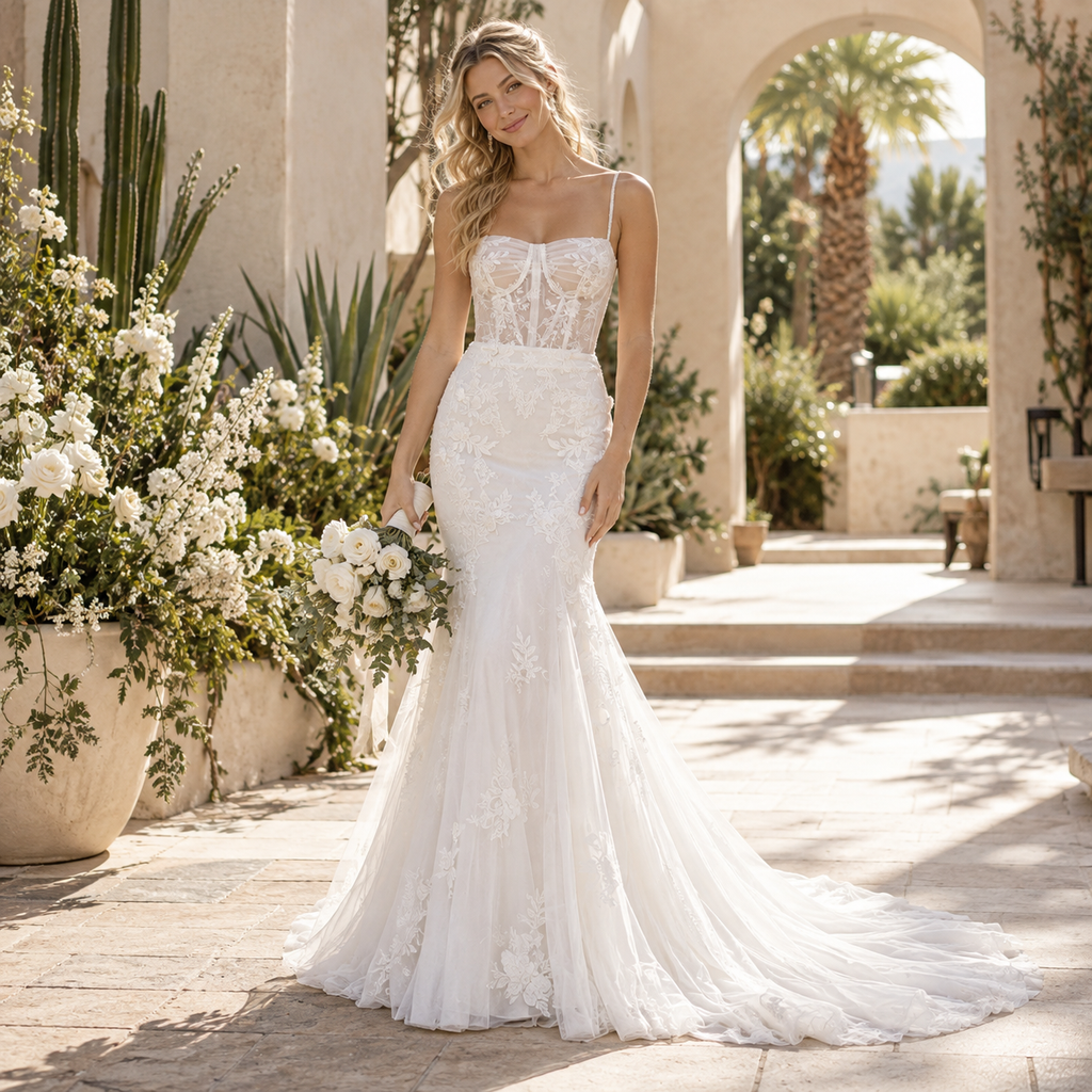 Alluring Spaghetti Strap Corset Sheer Lace Mermaid Wedding Dress,WD0426