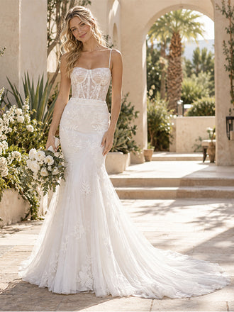 Alluring Spaghetti Strap Corset Sheer Lace Mermaid Wedding Dress,WD0426