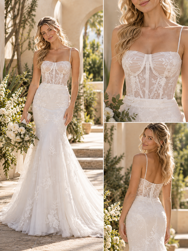 Alluring Spaghetti Strap Corset Sheer Lace Mermaid Wedding Dress,WD0426