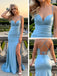 Sexy V-Neck Satin Ruched Side Slit Mermaid Sleeveless Long Prom Party Dress,PDS118485