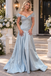 Dusty Blue Satin Off Shoulder Ruffle Sleeve A Line Long Evening Gown,PDS118568