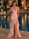 Luxury Pink Satin Off Shoulder 3D Floral Ruffle Slit Mermaid Long Evening Dress,PDS118779