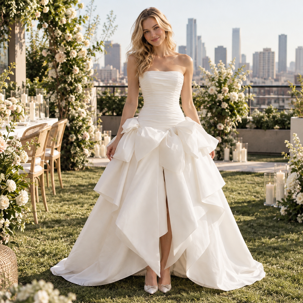 Glamorous Strapless Ruched Satin Wedding Dress with Oversized Bow,WD0427