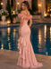 Luxury Pink Satin Off Shoulder 3D Floral Ruffle Slit Mermaid Long Evening Dress,PDS118779