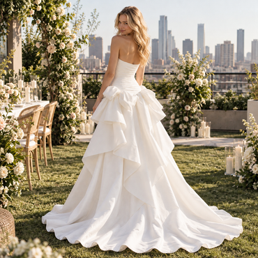 Glamorous Strapless Ruched Satin Wedding Dress with Oversized Bow,WD0427