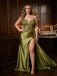 Luxury Beaded Lace Corset Satin Spaghetti Strap High Slit Mermaid Long Prom Dress,PDS118727