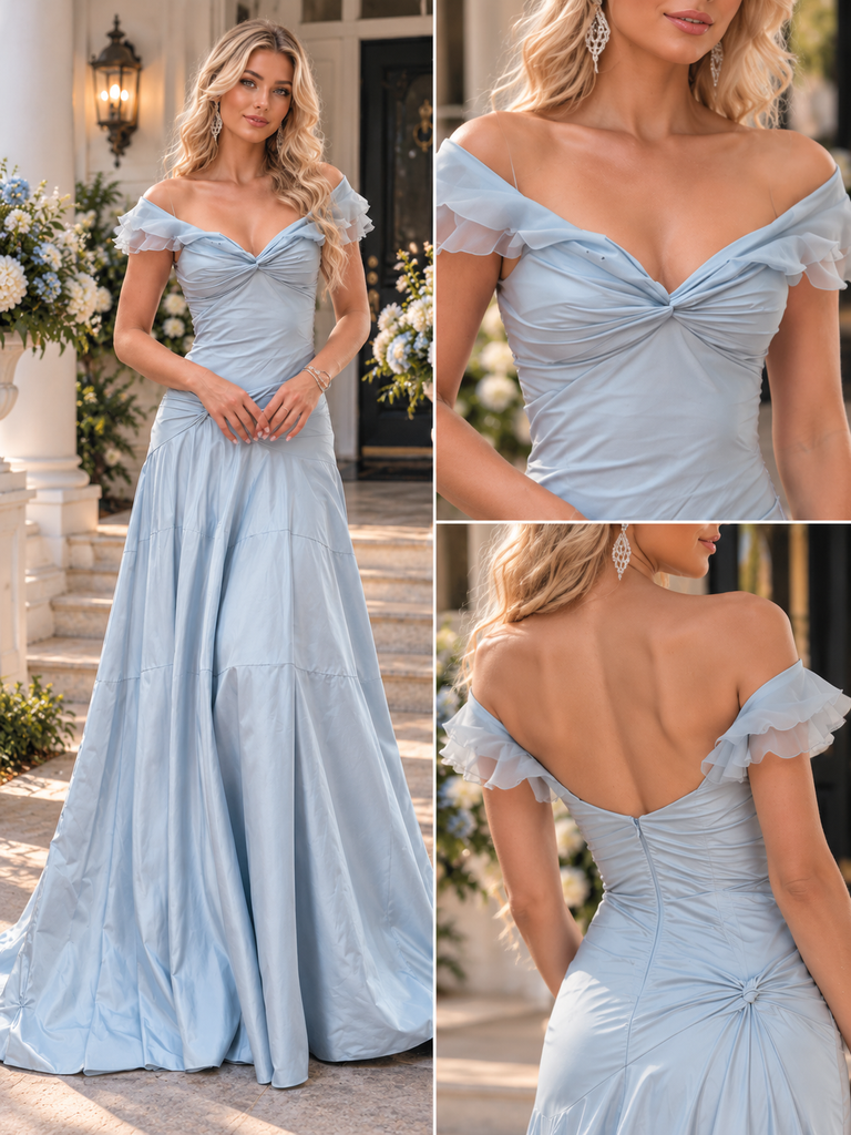 Dusty Blue Satin Off Shoulder Ruffle Sleeve A Line Long Evening Gown,PDS118568