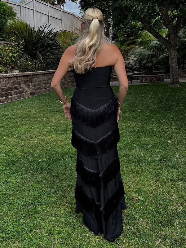 Elegant Black Sweetheart  Sleeveless Tassel Mermid Long Prom Party Dress,PDS11800