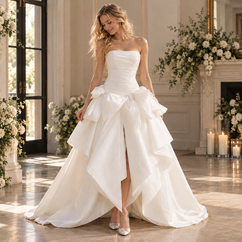 Glamorous Strapless Ruched Satin Wedding Dress with Oversized Bow,WD0427