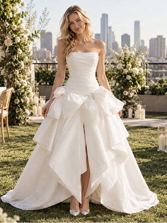 Glamorous Strapless Ruched Satin Wedding Dress with Oversized Bow,WD0427