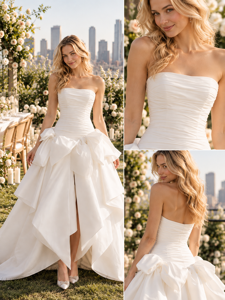 Glamorous Strapless Ruched Satin Wedding Dress with Oversized Bow,WD0427