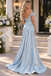 Dusty Blue Satin Off Shoulder Ruffle Sleeve A Line Long Evening Gown,PDS118568