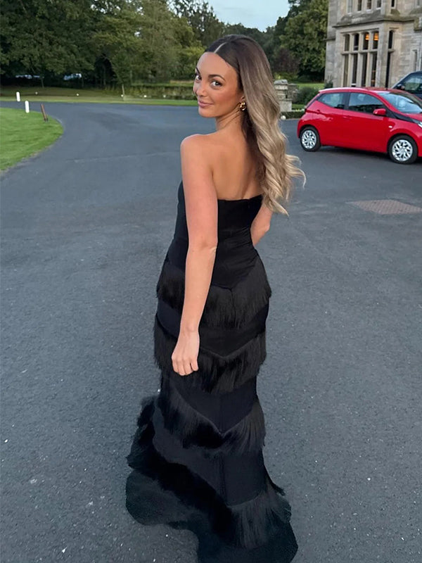 Elegant Black Sweetheart  Sleeveless Tassel Mermid Long Prom Party Dress,PDS11800