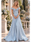 Dusty Blue Satin Off Shoulder Ruffle Sleeve A Line Long Evening Gown,PDS118568