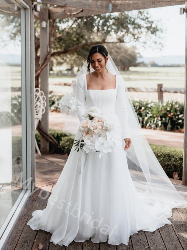 Elegant Squaer Long Sleeves A-line Floor Length Wedding Dresses, WDY0358