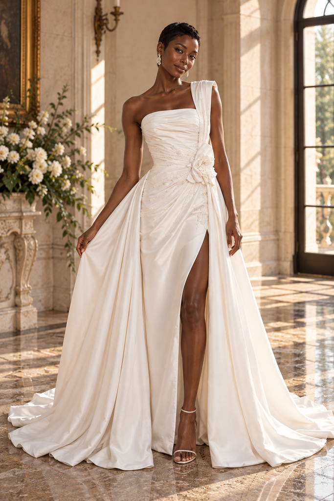 Elegant One Shoulder Draped Side Slit Satin Bridal Gown with 3D Floral,WD0428