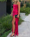 Red Spaghetti Straps Sleeveless Side Slit Mermaid Floor Length Prom Dress,PDS11653