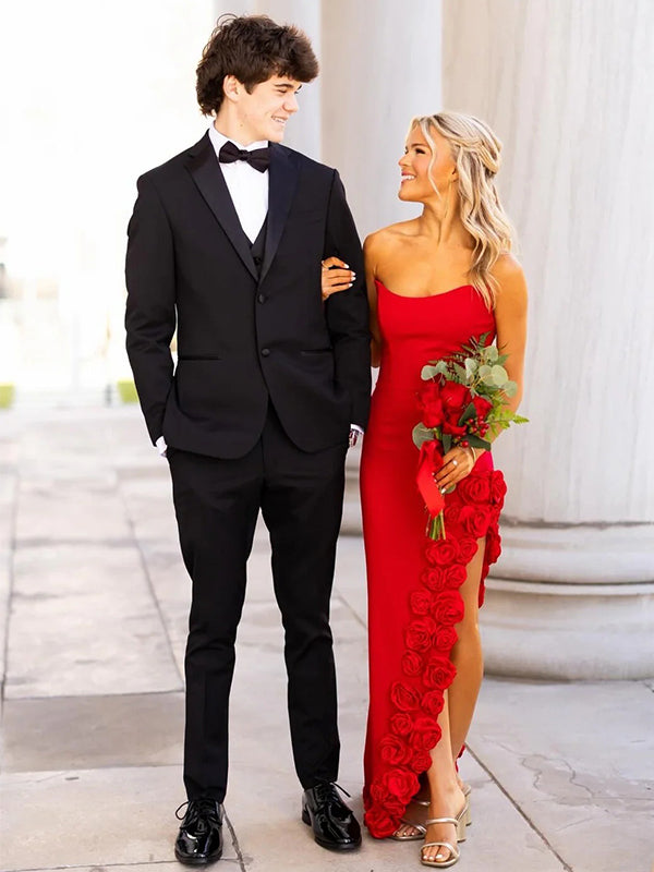 Sexy Red Strapless Floral Side Slit Mermid Long Prom Party Dress,PDS11799