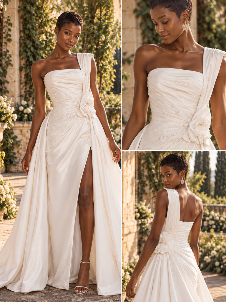 Elegant One Shoulder Draped Side Slit Satin Bridal Gown with 3D Floral,WD0428