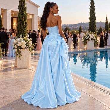 Elegant Satin Strapless Bow High Low Slit Long Evening Party Dress,PDS118669