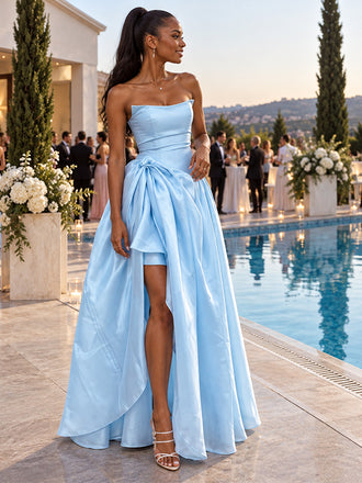 Elegant Satin Strapless Bow High Low Slit Long Evening Party Dress,PDS118669