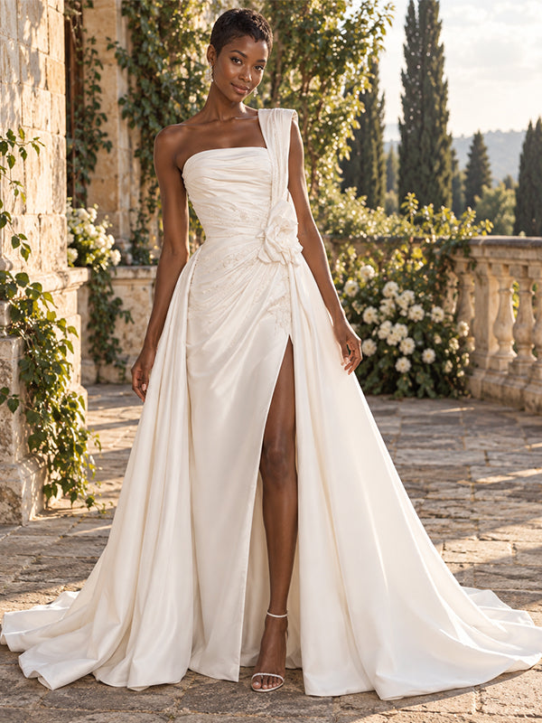 Elegant One Shoulder Draped Side Slit Satin Bridal Gown with 3D Floral,WD0428