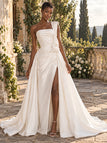Elegant One Shoulder Draped Side Slit Satin Bridal Gown with 3D Floral,WD0428