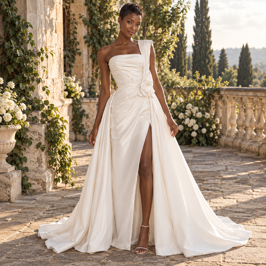 Elegant One Shoulder Draped Side Slit Satin Bridal Gown with 3D Floral,WD0428