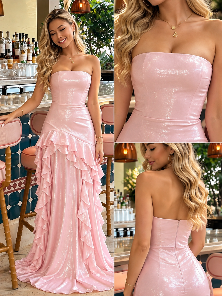 Pink Shimmer Strapless Ruffle High Slit Mermaid Evening Dress,PDS118569